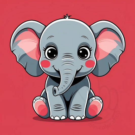 Cute elephant with pink ears on red background