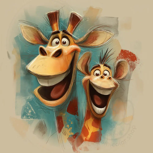 Friendly giraffes portrait illustration Printable Poster