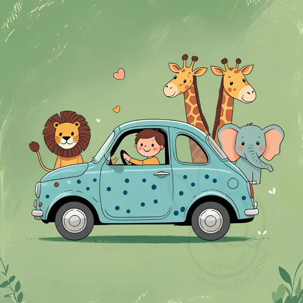 Giraffes and lion in car