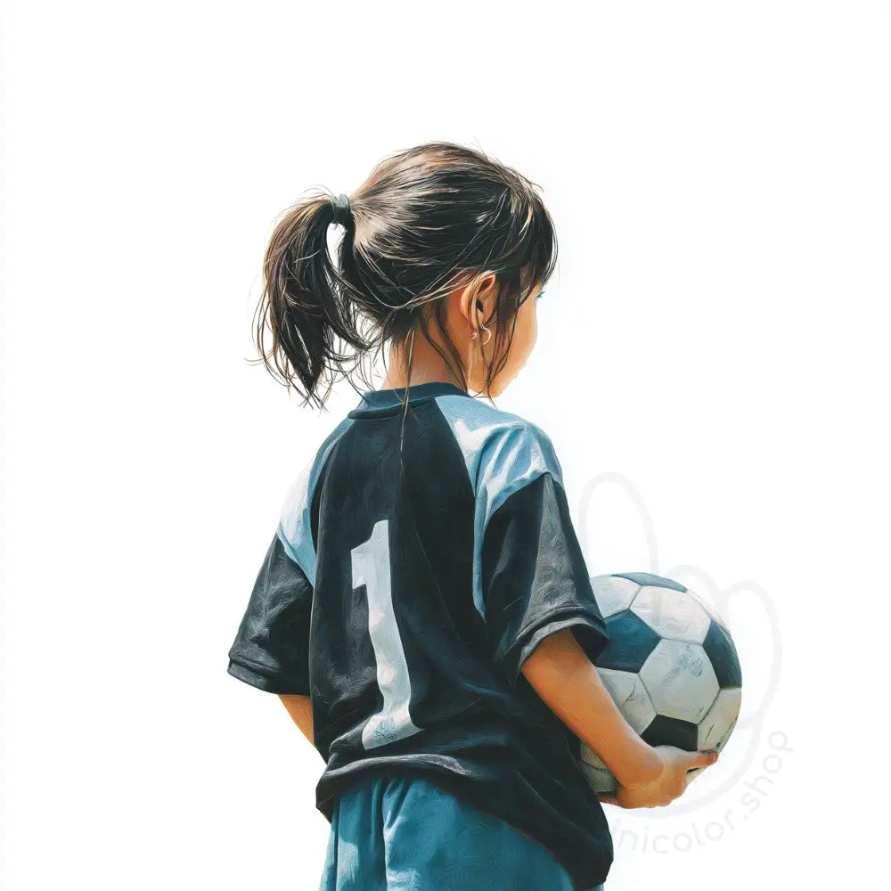 Girl holding football seen from behind on white background Printable Poster