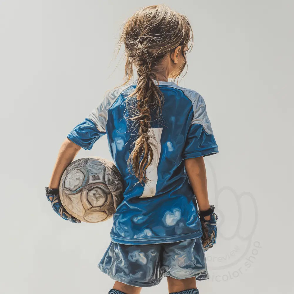 Girl holding football seen from behind Printable Poster