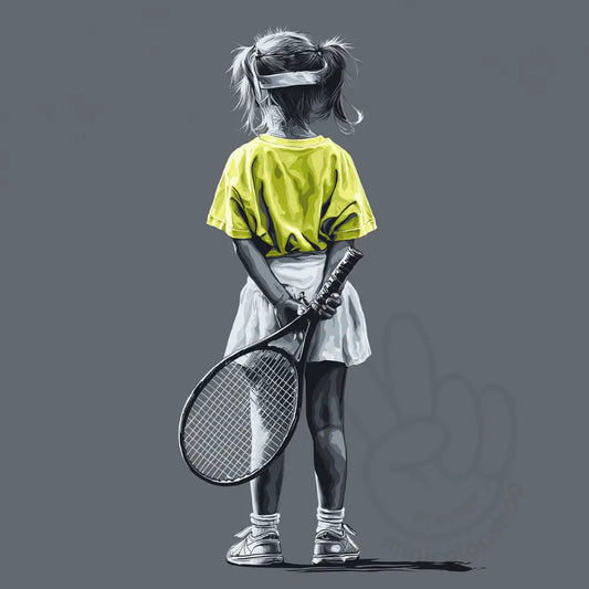 Girl holding tennis racket black and white Printable Poster