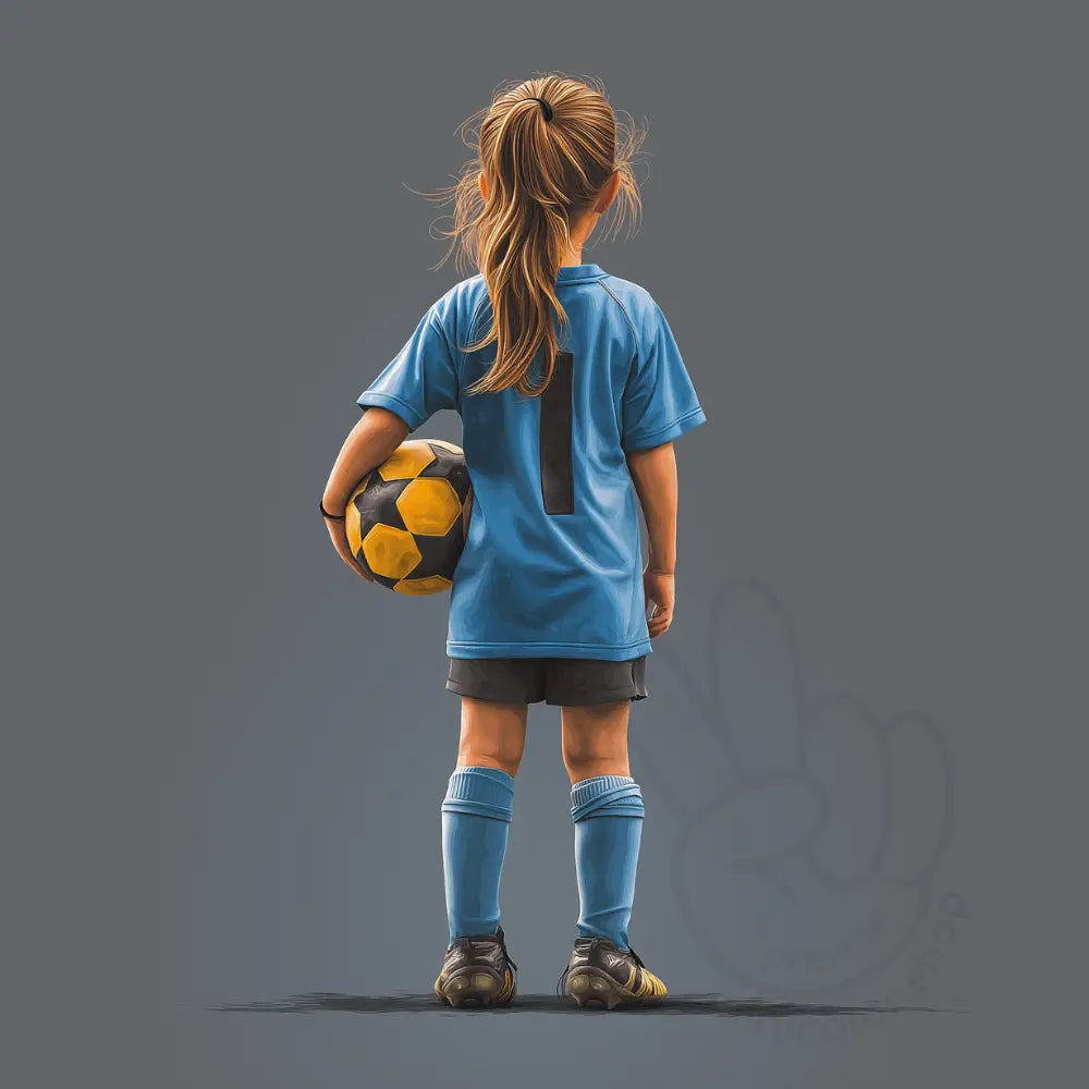 Girl in blue football kit holding ball Printable Poster