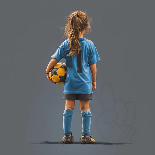 Girl in blue football kit holding ball Printable Poster
