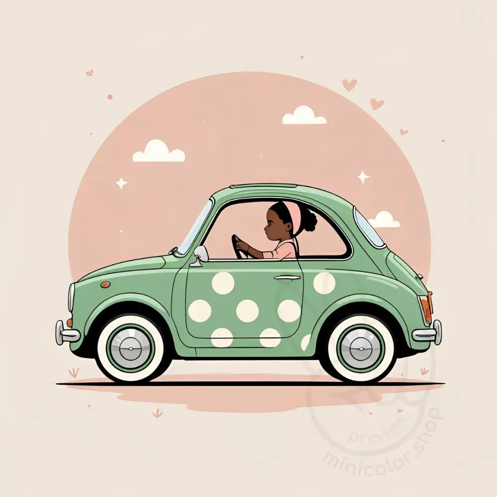 Girl in dotty green car