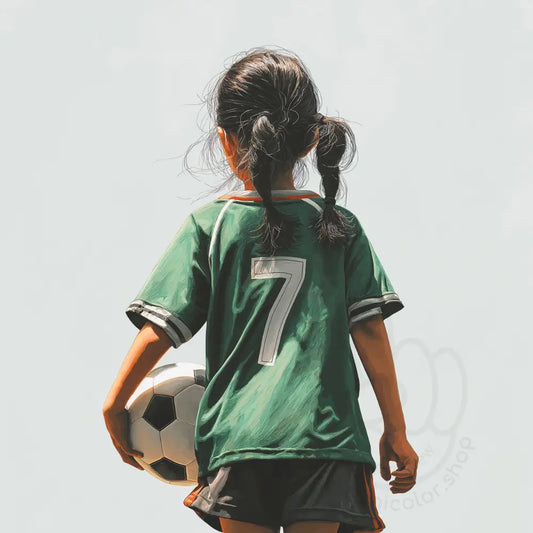 Girl in green football shirt with number seven Printable Poster