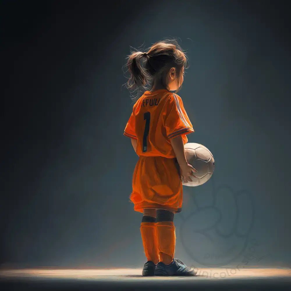 Girl in orange football kit under spotlight Printable Poster