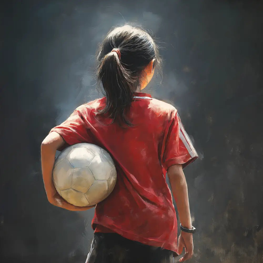 Girl in red football shirt holding ball Printable Poster