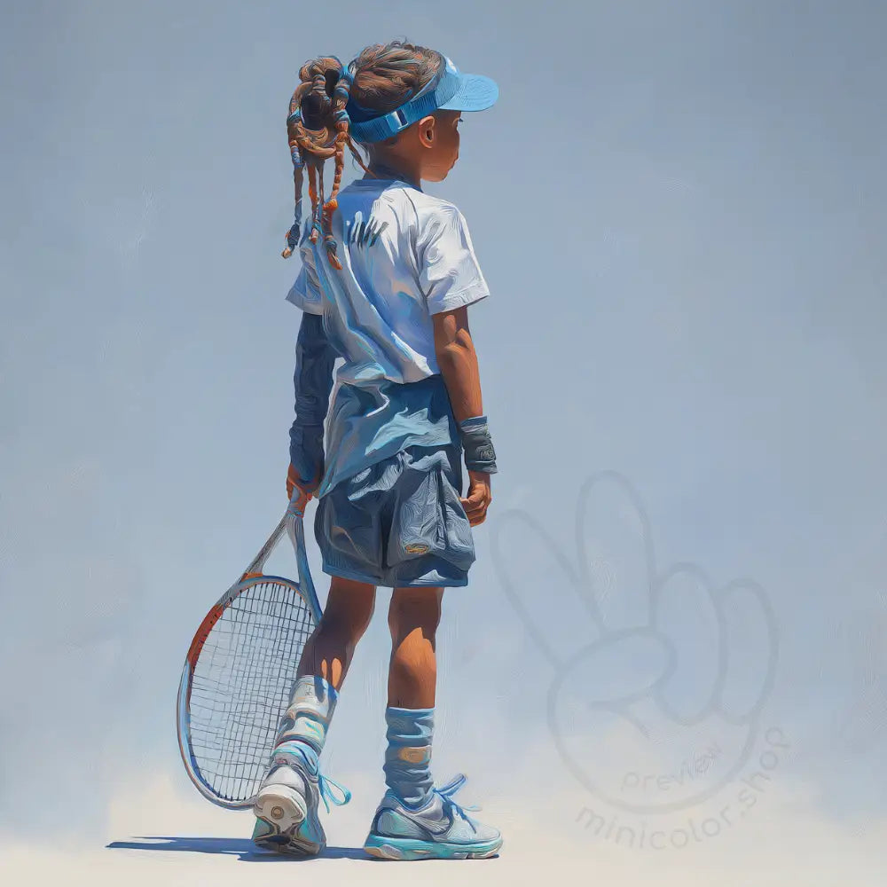 Girl with tennis racket on blue background Printable Poster