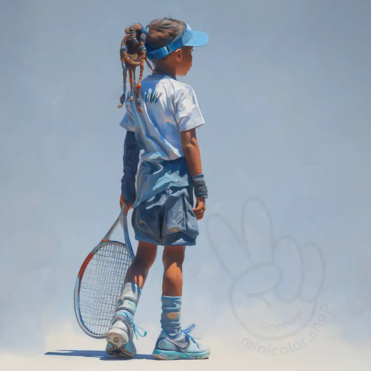 Girl with tennis racket on blue background Printable Poster