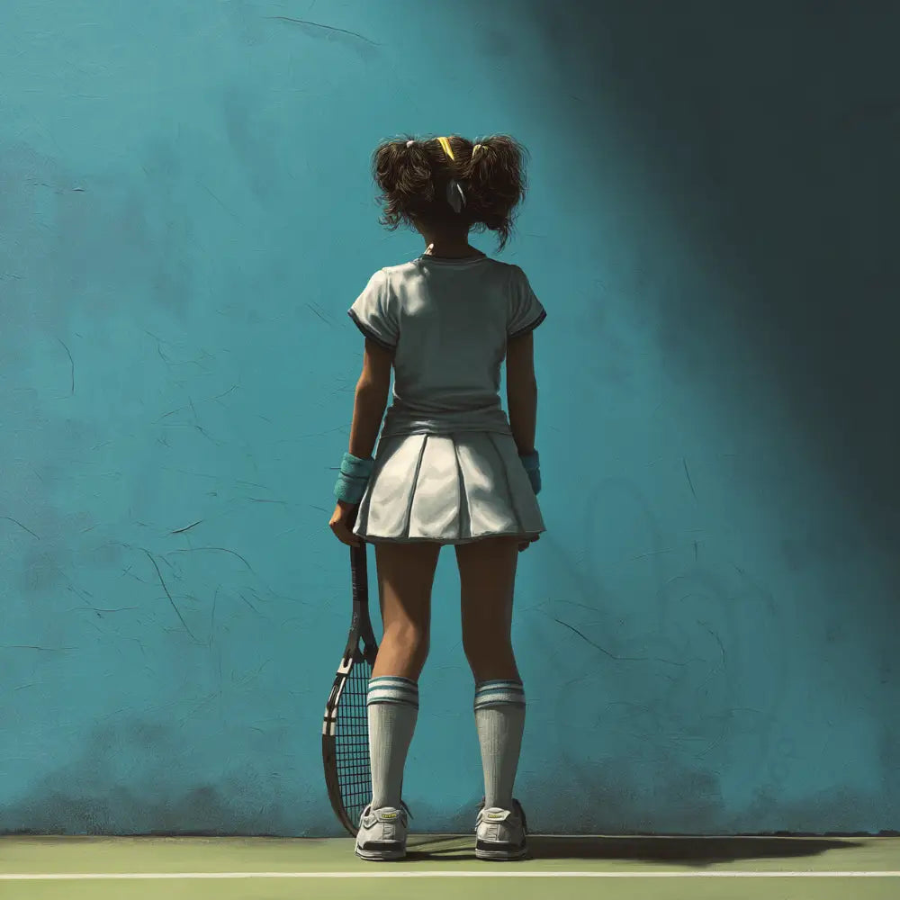Girl with tennis racket on teal background Printable Poster