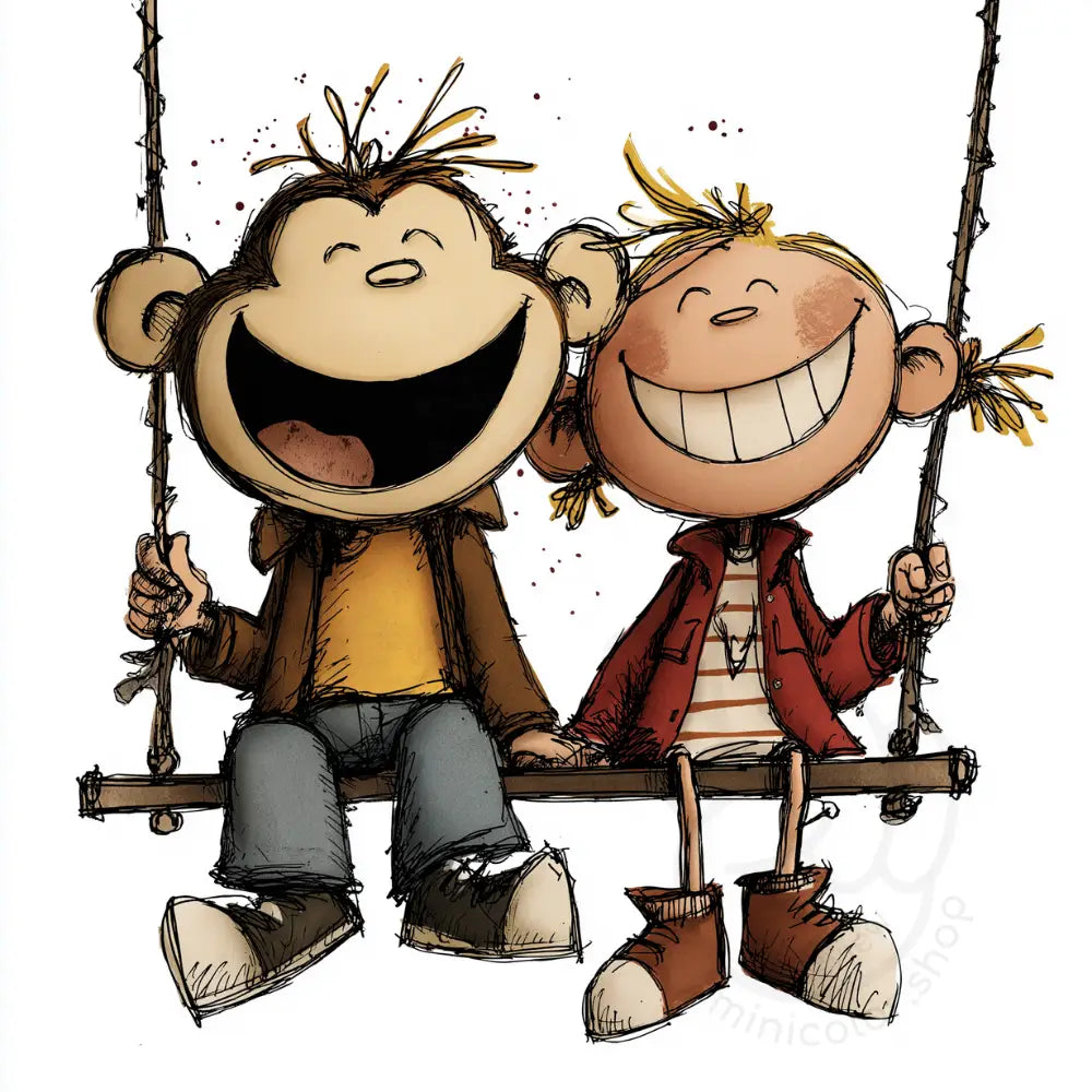 Happy children on wooden swing Printable Poster