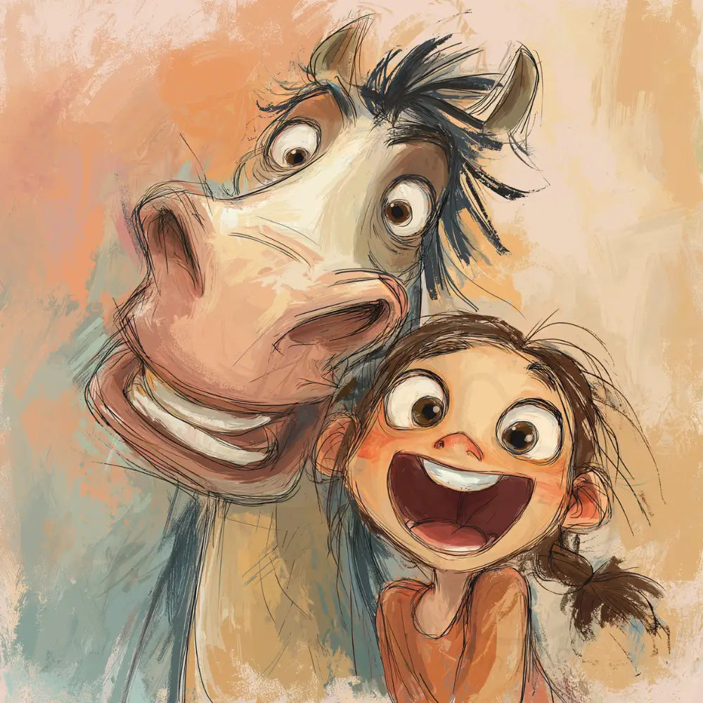 Laughing horse closeup with child Printable Poster