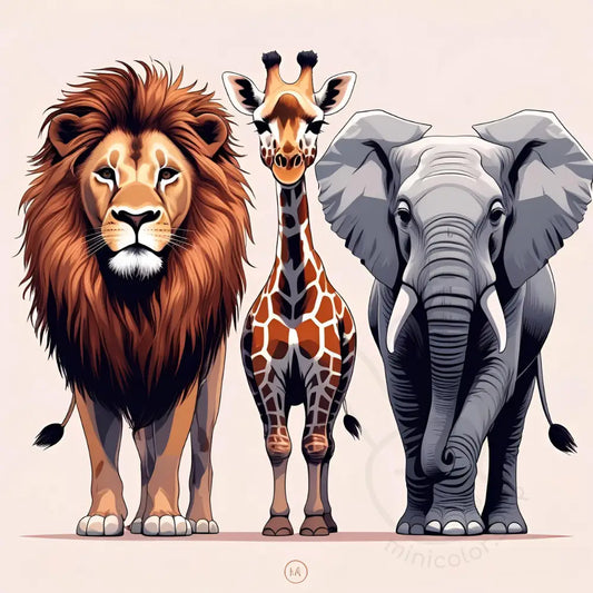 Lion giraffe elephant trio