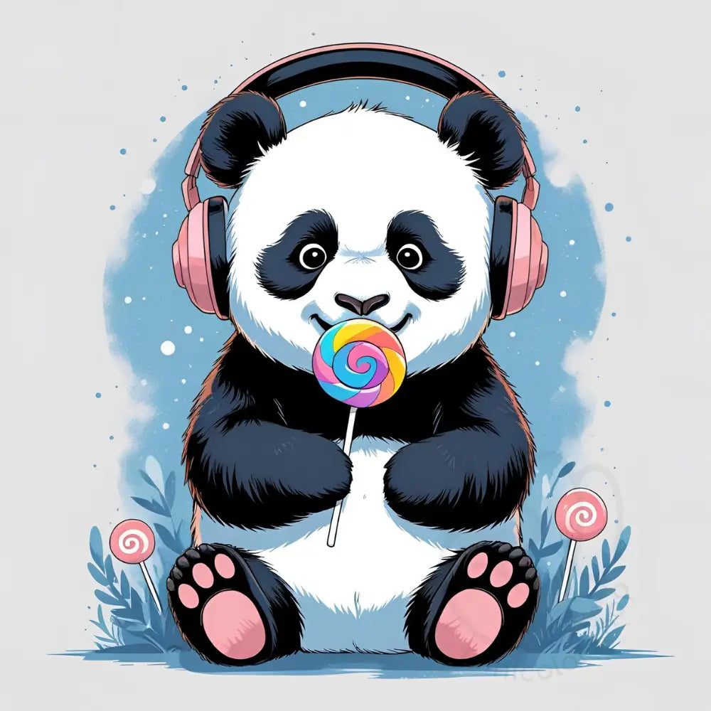 Panda sitting with headphones