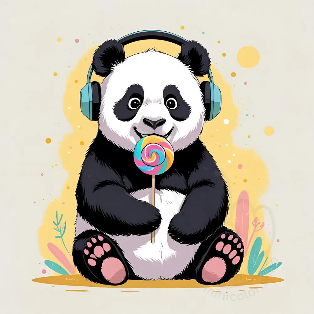 Panda with lollipop and headphones