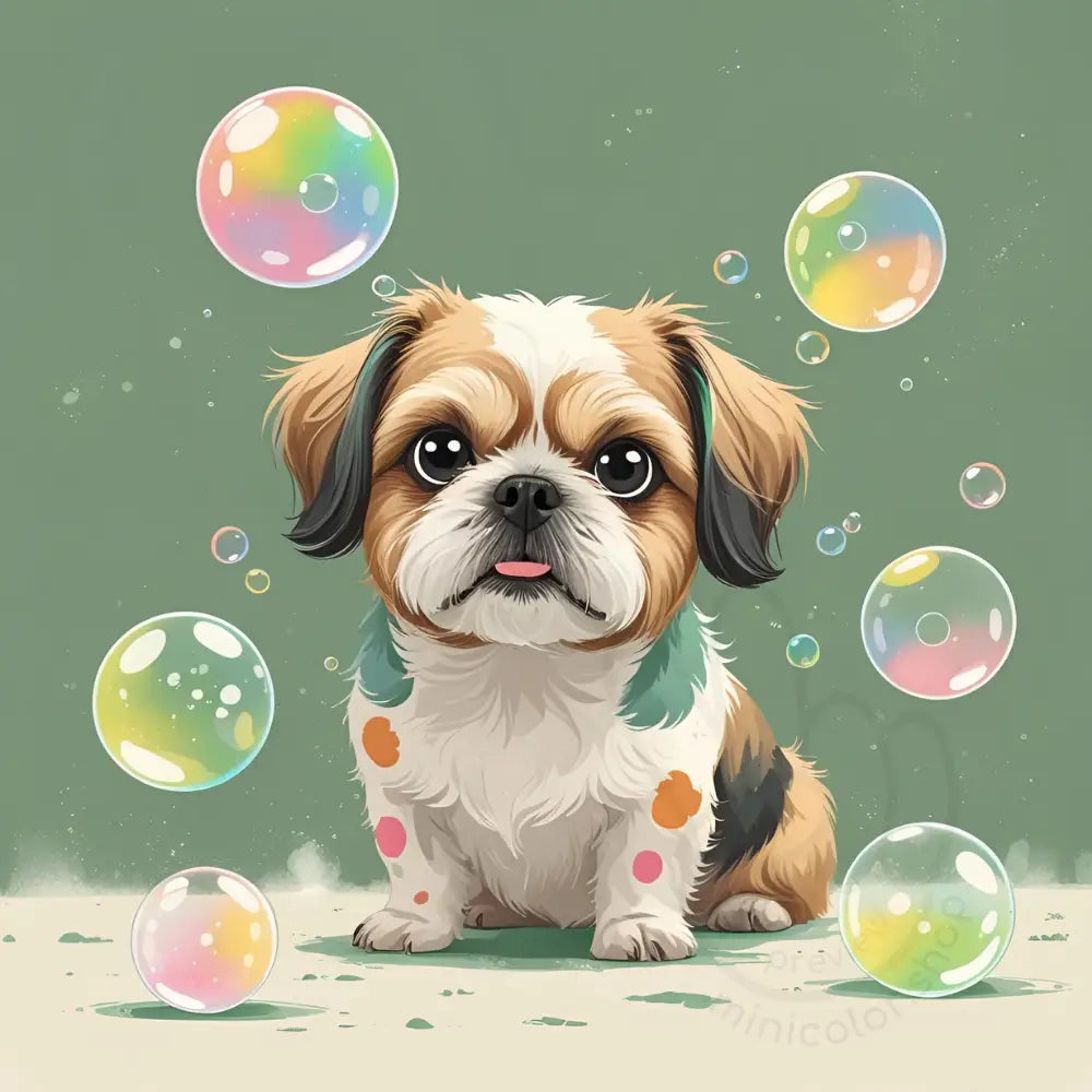Puppy in grass with bubbles
