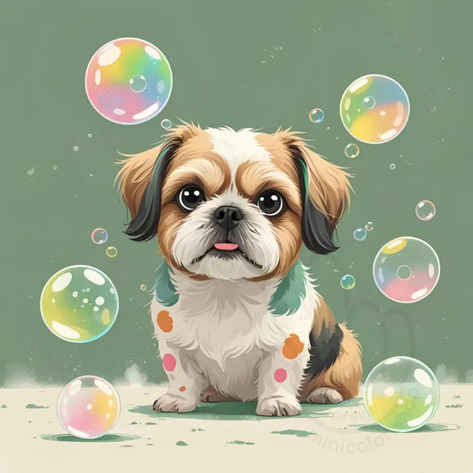 Puppy in grass with bubbles