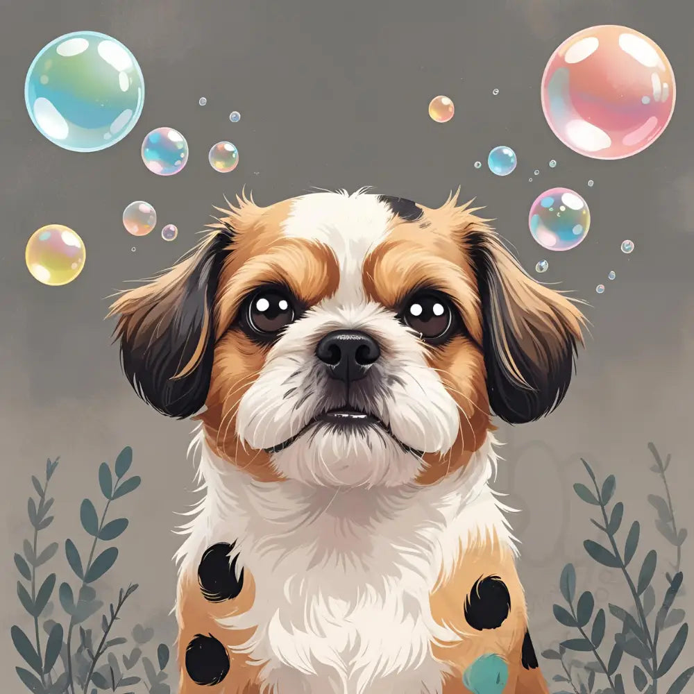 Puppy looking up at bubbles
