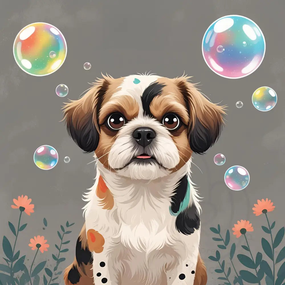 Puppy with colorful bubbles