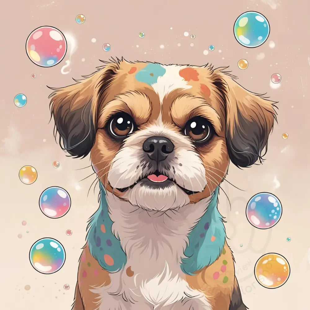 Puppy with polka dots and bubbles