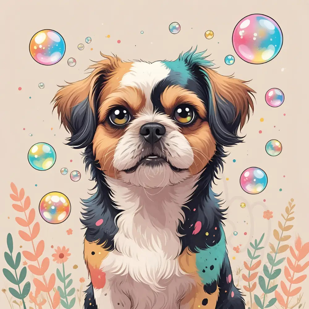 Small fluffy dog with bubbles