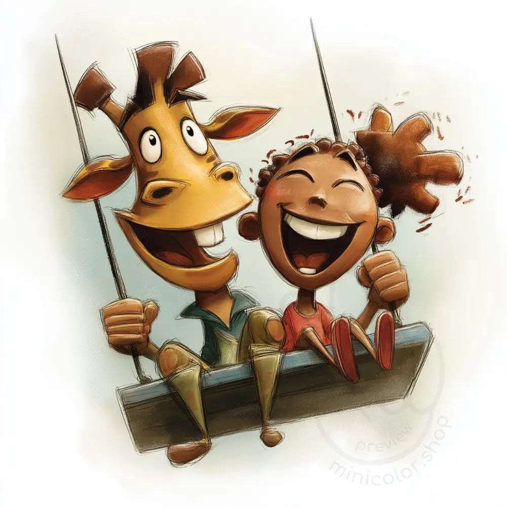 Smiling giraffe and children on swing Printable Poster