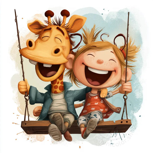 Smiling giraffe and girl on swing Printable Poster
