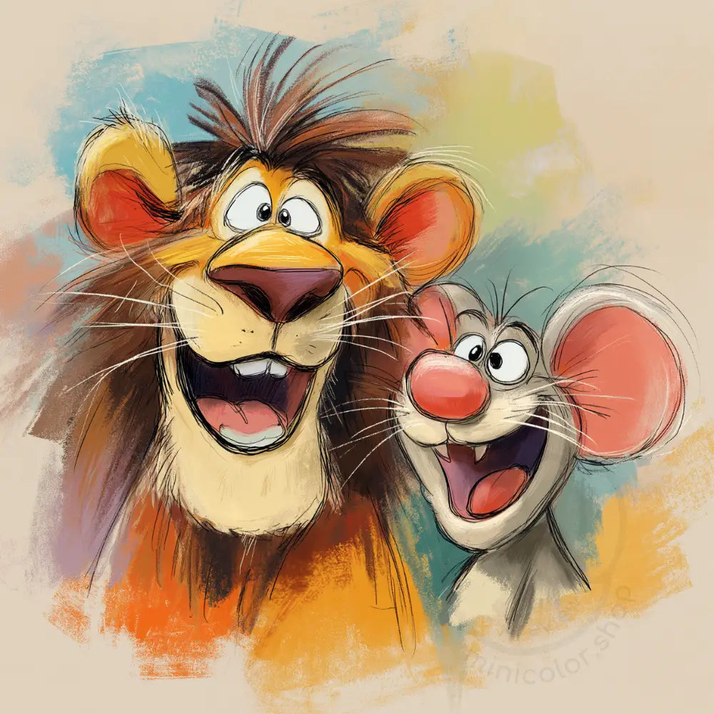 Smiling lion and mouse closeup Printable Poster