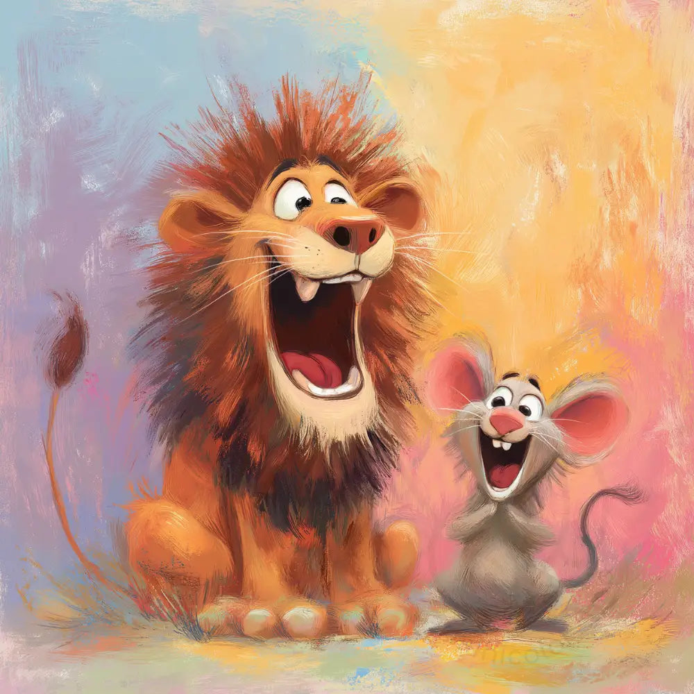 Smiling lion and mouse illustration Printable Poster