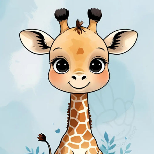 Baby giraffe on soft blue background – printable kids poster