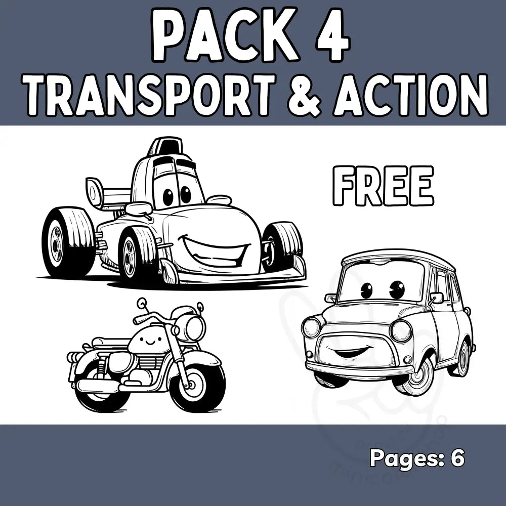 Free Transport & Action Coloring Pack – 6 Pages Free Pack