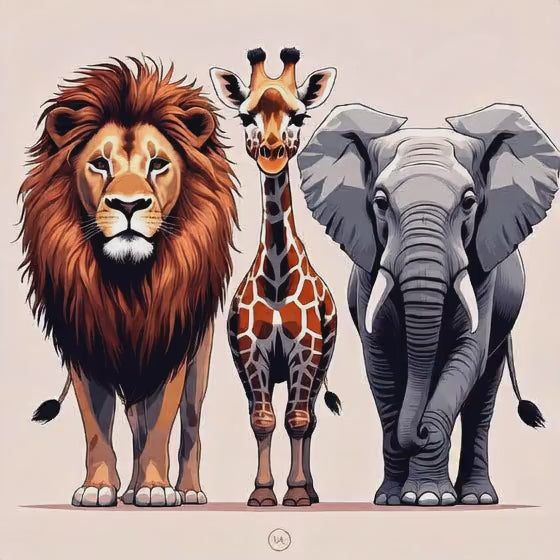 Lion giraffe elephant trio