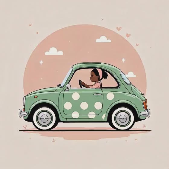 Girl in dotty green car