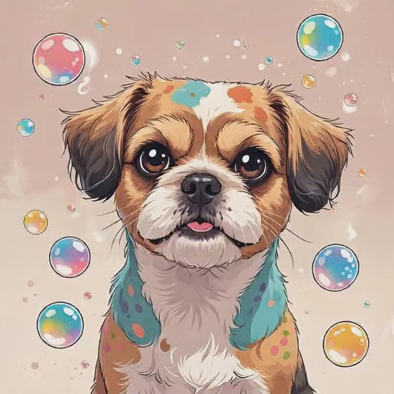 Puppy with polka dots and bubbles